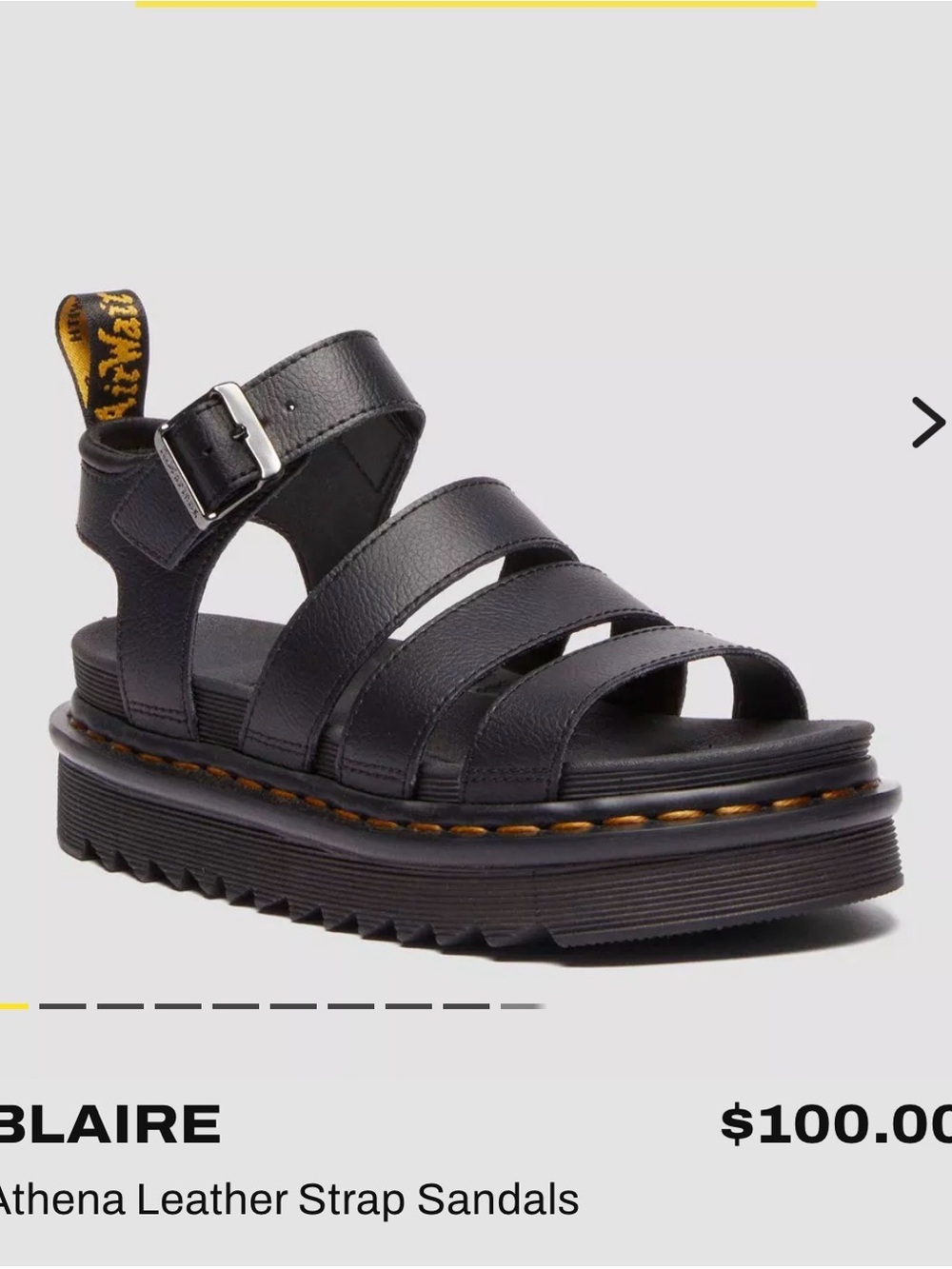 Dr. Martens Black Leather Strappy Platform Sandals with Yellow Stitching